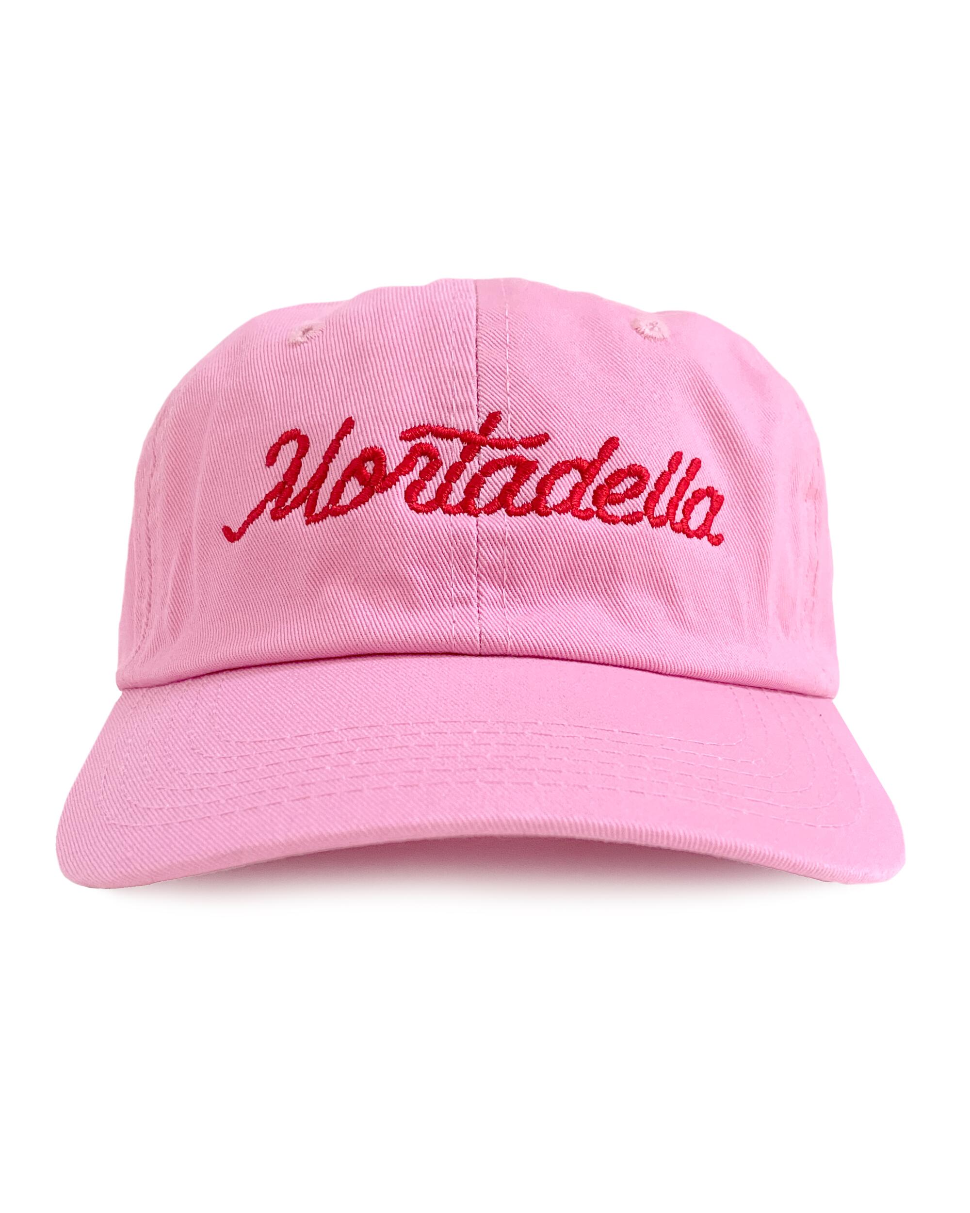 A pink hat that says Mortadella from Mister Parmesan