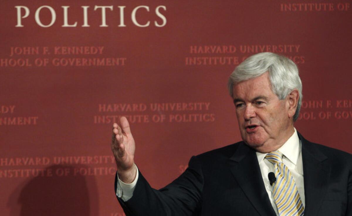 Newt Gingrich speaks to the John F. Kennedy School of Government at Harvard University in Cambridge, Mass., on Friday.