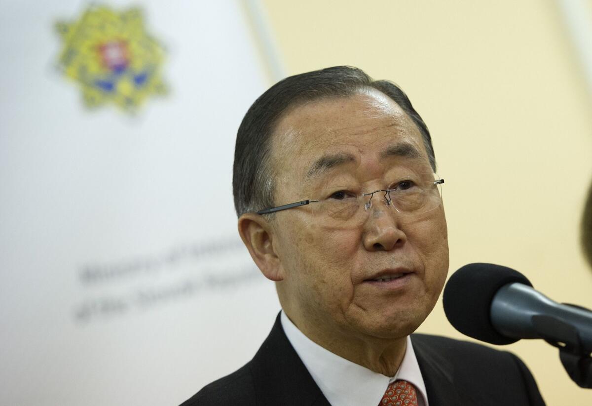 U.N. Secretary-General Ban Ki-moon visits asylum seeks in Gabcikovo, Austria, on Oct. 19.