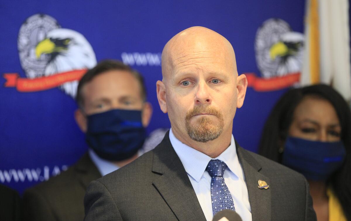 Jamie McBride, the outspoken leader of Los Angeles Police Protective League, speaks at a news conference June 5, 2020. 