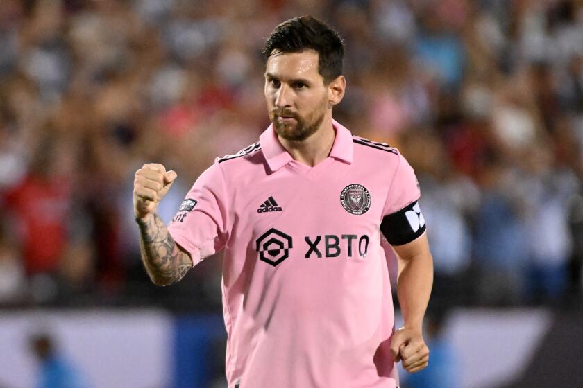 FRISCO, TEXAS - AUGUST 06: Lionel Messi #10 of Inter Miami CF reacts after making his penalty kick.