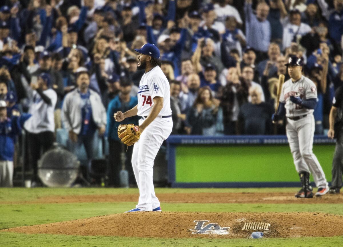 Dodgers closer Kenley Jansen reacts after striking out Houston Astros designated hitter Carlos Beltran.