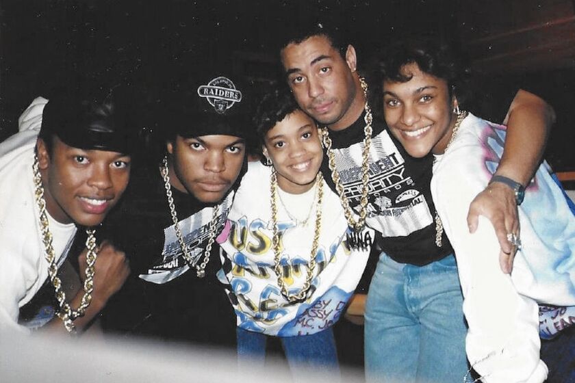 N.W.A members Dr. Dre, from left, Ice Cube and DJ Yella with J.J. Fad’s Baby D, center, and MC JB, right, back in early days.