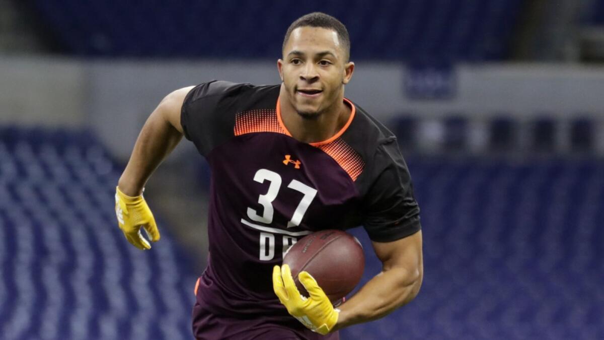 Mississippi State defensive back Johnathan Abram runs a drill at the NFL scouting combine.