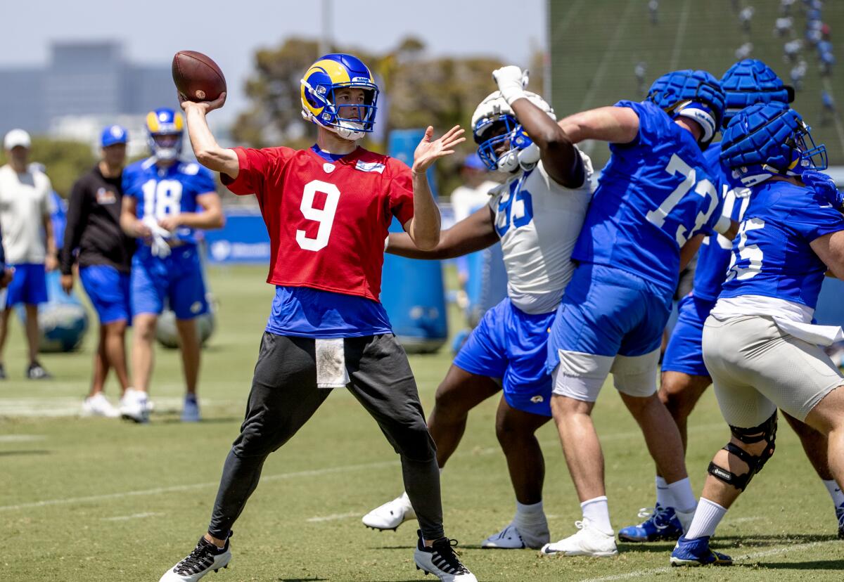 Rams quarterback Matthew Stafford passes during training camp at UC Irvine on July 24.