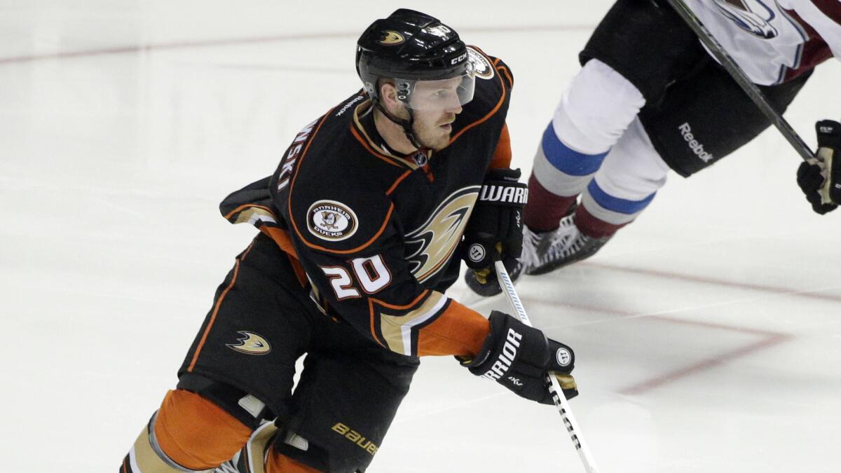 Ducks defenseman James Wisniewski skates with the puck during an overtime win against the Colorado Avalanche on March 20.