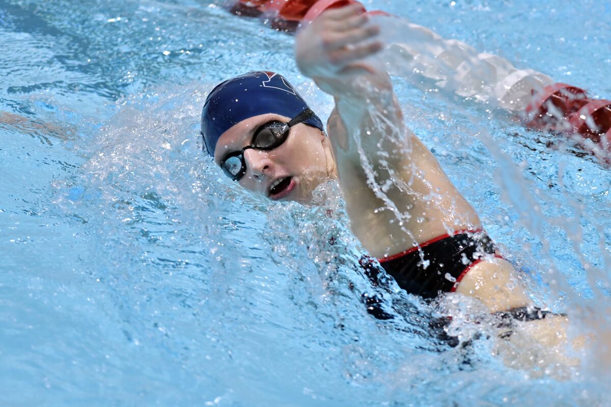 FILE - University of Pennsylvania transgender swimmer Lia Thomas competes during a meet with Harvard on Saturday, Jan. 22, 2022, at at Harvard University in Cambridge, Mass. It has been an unforgettable, controversial season in her first year. (AP Photo/Josh Reynolds, File)