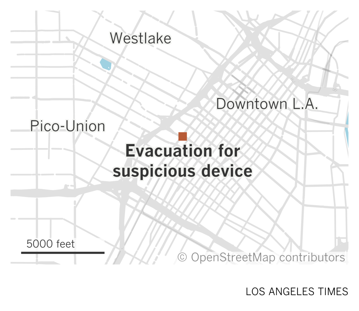 A map of downtown Los Angeles shows where a block of South Figueroa Street was evacuated for a suspicious device