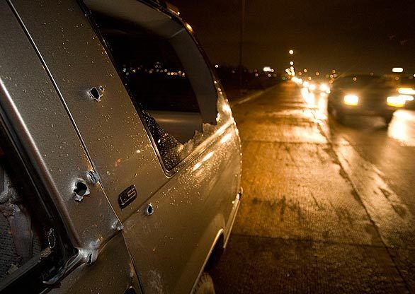 A vehicle was shot up in the Tijuana confrontation between drug gangs. The main battle in the city now appears to be between the Arellano Felix cartel leader and a renegade lieutenant. Each has an army of about 100 gunmen who roam in convoys of SUVs, according to a U.S. anti-drug official.