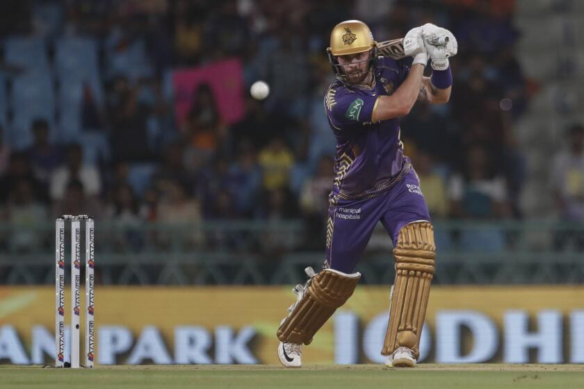 Kolkata Knight Riders' Phil Salt plays a shot during the Indian Premier League cricket match between Lucknow Super Giants and Kolkata Knight Riders in Lucknow, India, Tuesday, May 5, 2024. (AP Photo/Pankaj Nangia)