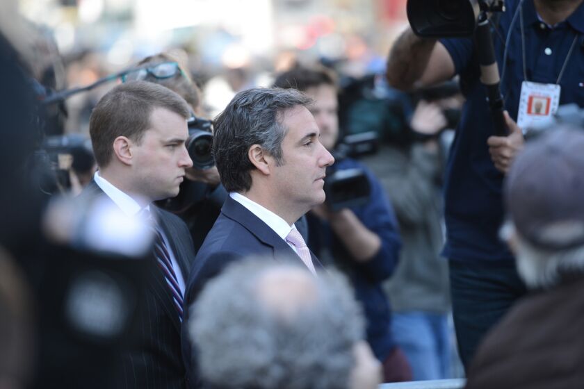 Trump attorney Michael Cohen exits the Federal Court House at 500 Pearl Street in Manhattan on Thursday April 26, 2018 after a hearing before Judge Kimba Wood. (Susan Watts/New York Daily News/TNS) ** OUTS - ELSENT, FPG, TCN - OUTS **