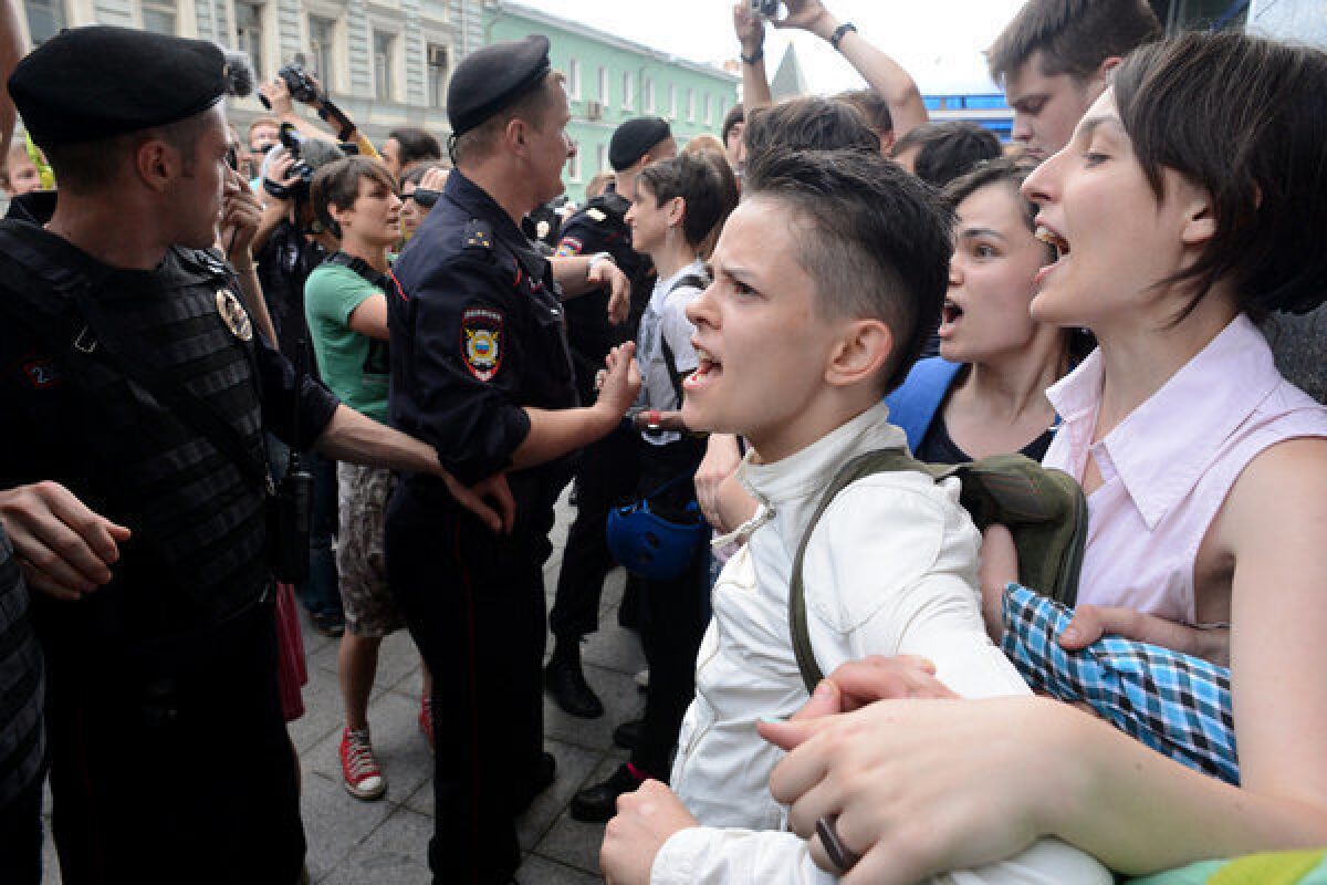 The Russian government passed a bill banning "propaganda of nontraditional sexual relations," while the city of Moscow has banned demonstrations by gays for the next 100 years. Above: Gay rights activists protest outside the lower house of parliament in Moscow.