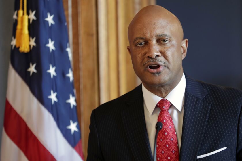 FILE - Indiana Attorney General Curtis Hill speaks during a news conference at the Statehouse in Indianapolis, July 9, 2018. Hill is considering whether to join the 2024 Republican governor’s race, nearly three years after his reelection bid was derailed by allegations that he drunkenly groped four women during a party. (AP Photo/Michael Conroy, File)