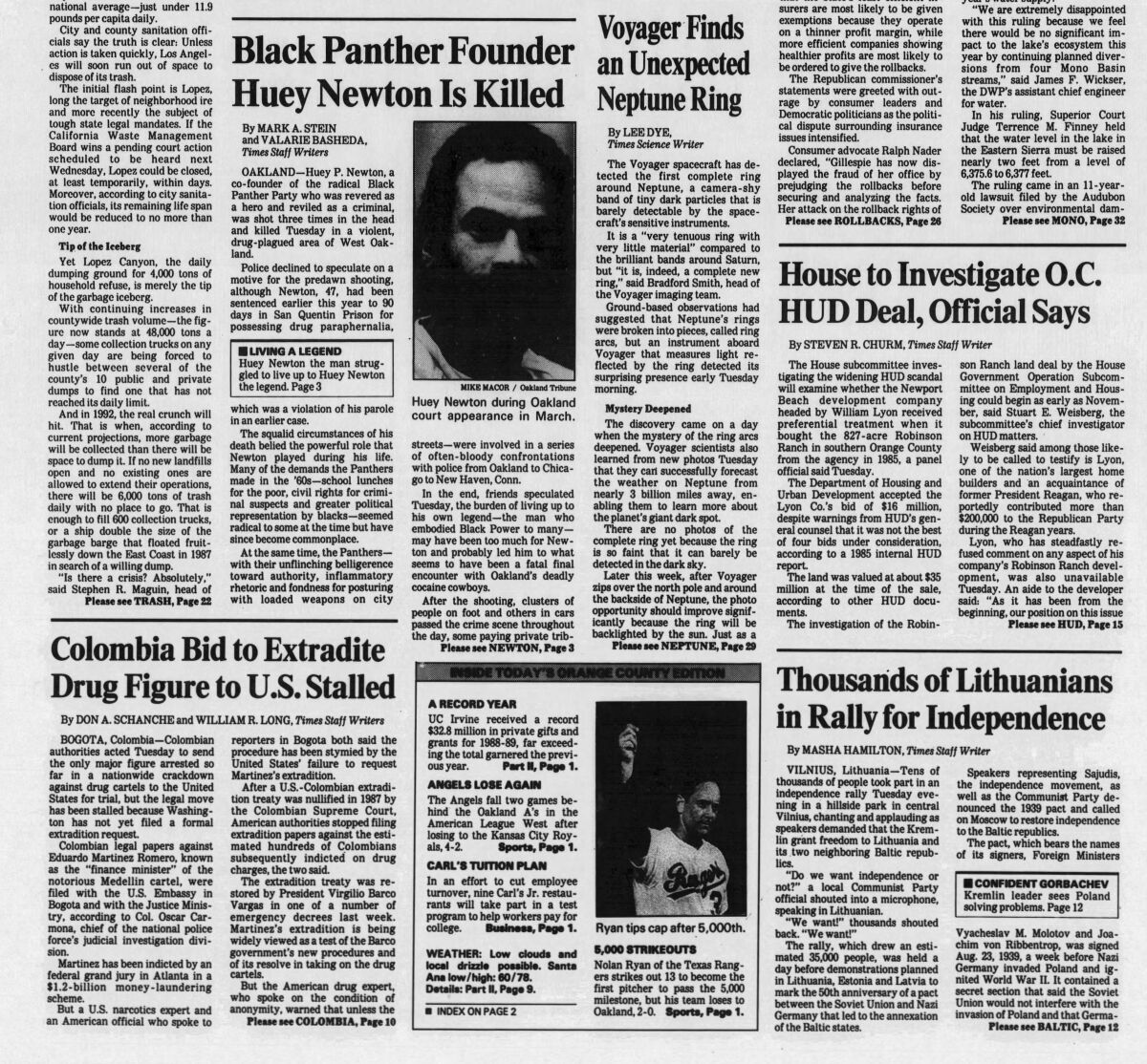 Los Angeles Times newspaper clipping that highlights the killing of Huey P. Newton