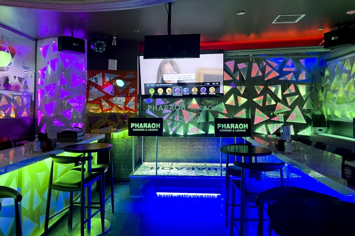 Pharaoh Karaoke Lounge is colorfully lit.