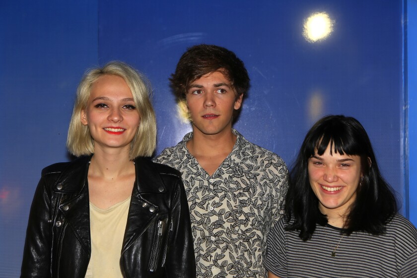 Cherry Glazerr members from left, Clementine Creevey, Sean Redman and Hannah Uribe photographed on Sunset Blvd.