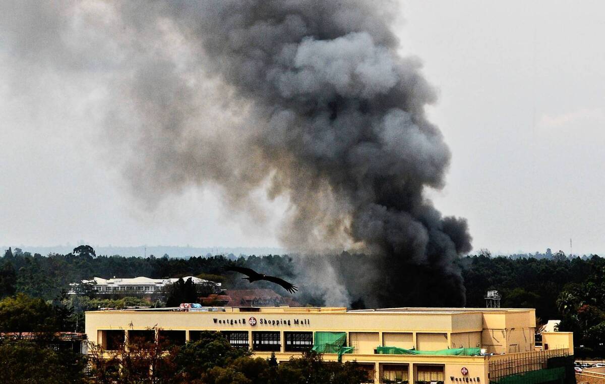 Smoke rises from the Westgate mall in Nairobi, Kenya, during the standoff between militants and security forces. Officials said they believed that all civilians were out, and they were searching the building floor by floor for surviving assailants.