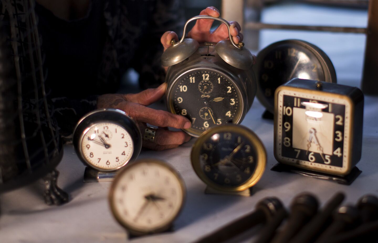 Vintage clocks of all shapes and sizes can be found in Betye Saar's Laurel Canyon studio.