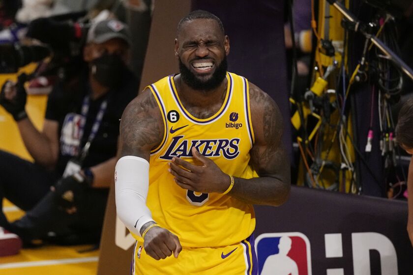 Los Angeles Lakers forward LeBron James reacts after being fouled in the second half of Game 4 of the NBA basketball Western Conference Final series against the Denver Nuggets Monday, May 22, 2023, in Los Angeles. (AP Photo/Mark J. Terrill)