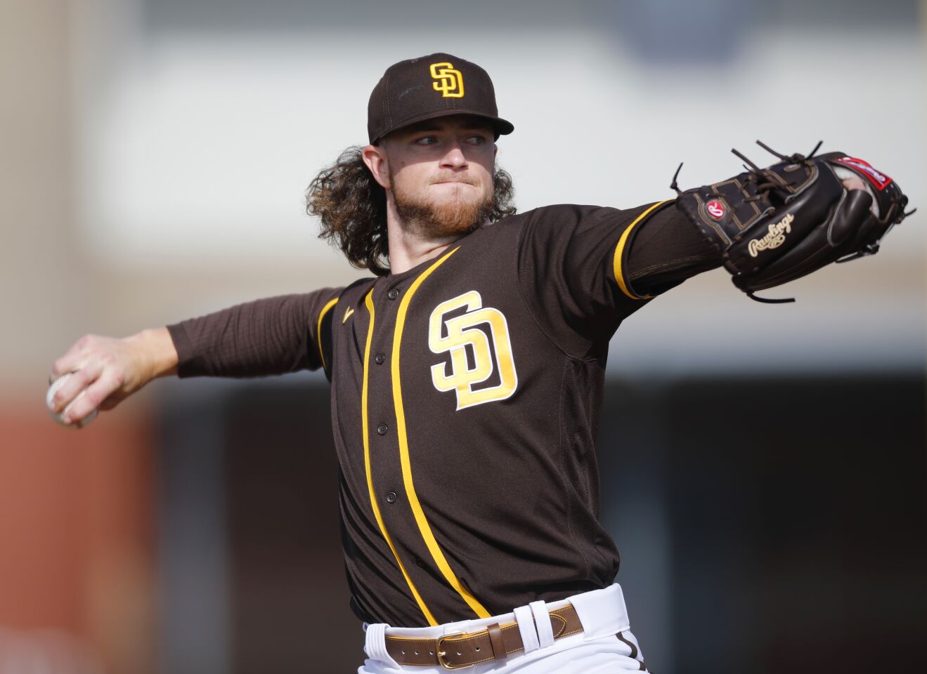 San Diego Padres Chris Paddack pitches during a spring training practice on Feb. 19, 2020.