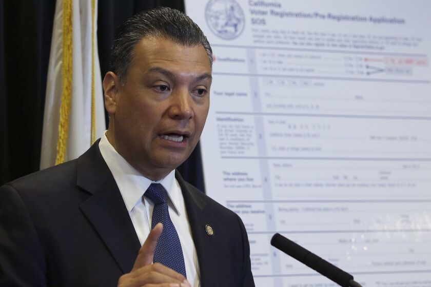 FILE - In this April 5, 2018, file photo, California Secretary of State Alex Padilla speaks in Sacramento, Calif. Padilla is urging Californians to oppose the Trump administration plan for a citizenship question on the 2020 census. Padilla on Tuesday, July 31, 2018, launched an online portal for Californians to submit public comments through the federal registrar opposing the question. (AP Photo/Rich Pedroncelli, File)