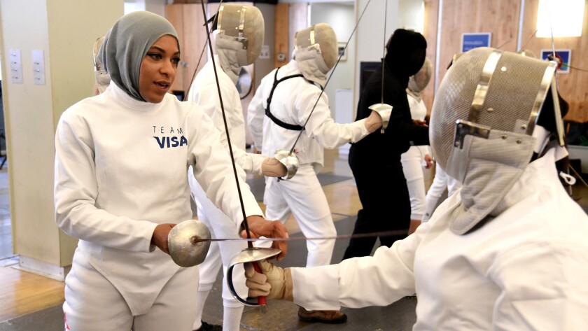 Olympic fencer Ibtihaj Muhammad leads a demonstration of the sport in New York last month.