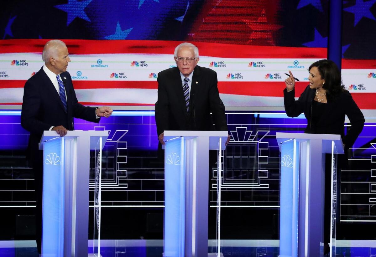 Joe Biden, Bernie Sanders and Kamala Harris at Democratic presidential debate