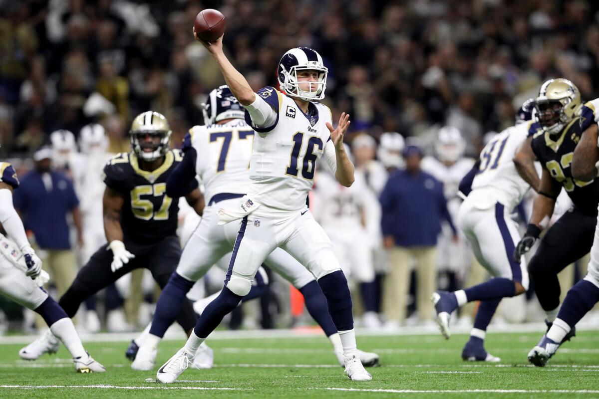 Jared Goff #16 of the Los Angeles Rams throws a pass against the New Orleans Saints during the third quarter in the NFC Championship game at the Mercedes-Benz Superdome on January 20, 2019 in New Orleans, Louisiana.