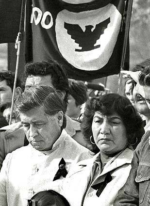 Cesar Chavez and his wife Helen attend Rufino Contreras' funeral in 1979. Recriminations over the the farmworker's killing heightened tensions within the UFW leadership. Months later, Chavez pressed for a boycott and an end to the strike, but workers resisted and eventually won some of the best contracts in the union's history. In 1982, the UFW took in $2.9 million in dues, the most ever.