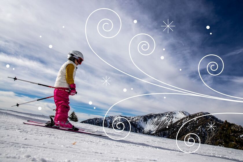 A young skier navigates a run with a view of Mt. Baldy while illustrated curlycues of wind snow.