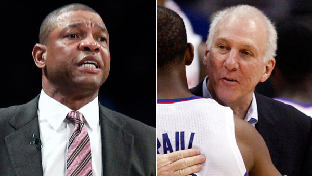 Clippers Coach Doc Rivers, left, and San Antonio Spurs Coach Gregg Popovich may have contrasting coaching styles, but in some ways, they are two of a kind.