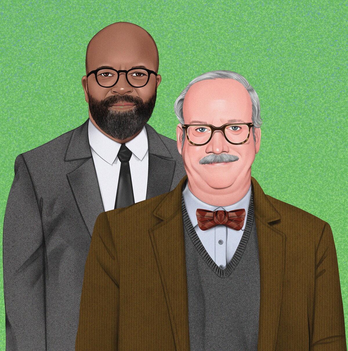 Illustration of Jeffrey Wright and Paul Giamatti as their characters from "American Fiction" and "The Holdovers."
