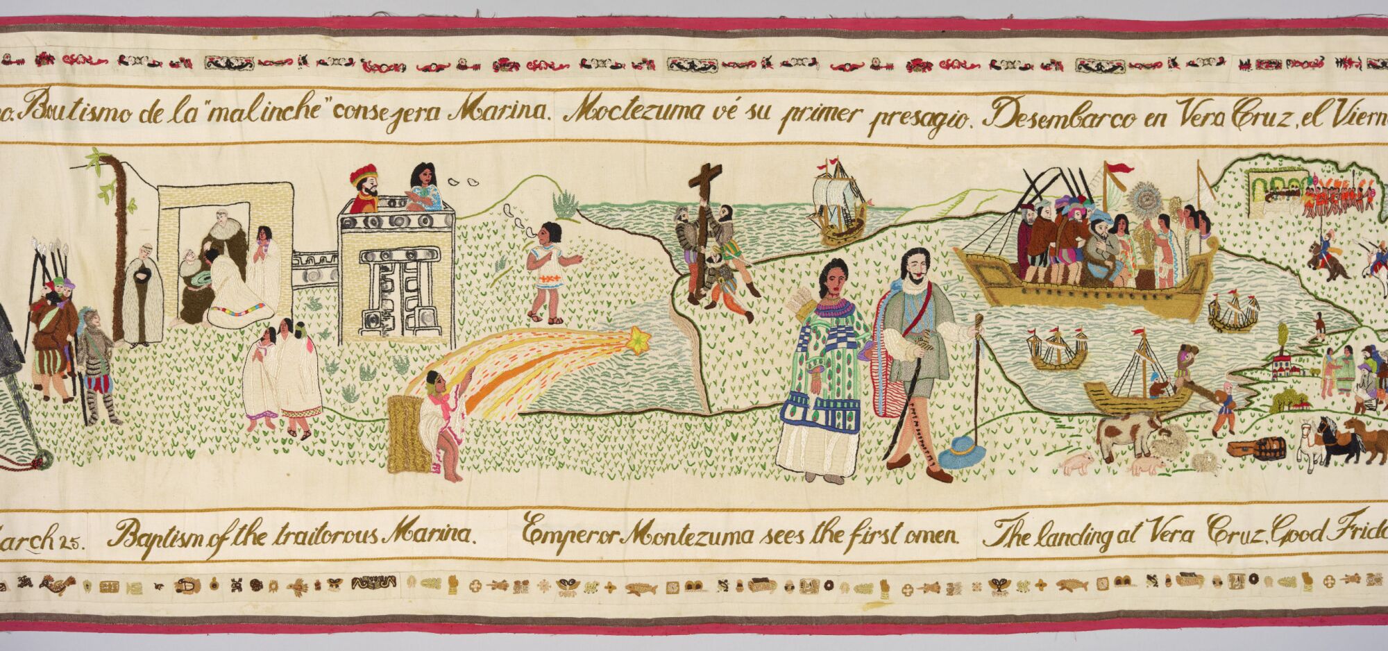 A piece of a hand-embroidered tapestry shows various historical scenes, including Malinche walking with Hernán Cortés