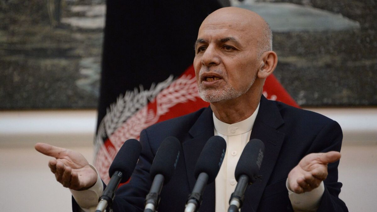 Afghan President Ashraf Ghani speaks during a news conference at the Presidential Palace in Kabul on June 30.