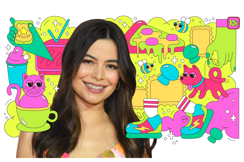 Cutout photo of actress Miranda Cosgrove surrounded by illustrations of a dog, pizza, television, bees and a cat in a cup