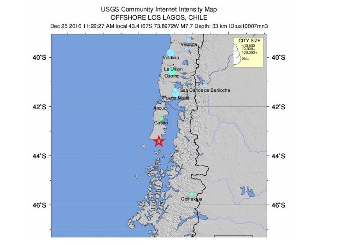 A handout photo made available by the U.S. Geological Survey on Sunday shows the epicenter of a magnitude 7.7 earthquake detected about 24 miles off the coast of Chile.