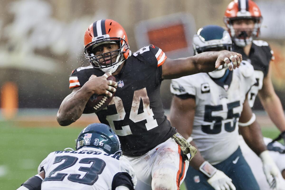 Cleveland Browns running back Nick Chubb carries the ball against the Philadelphia Eagles on Sunday.