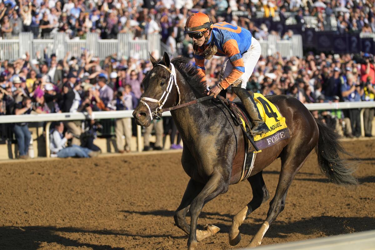 FILE - Irad Ortiz Jr. rides Forte to victory in the Breeders' Cup Juvenile at Keeneland Race Course in November. 