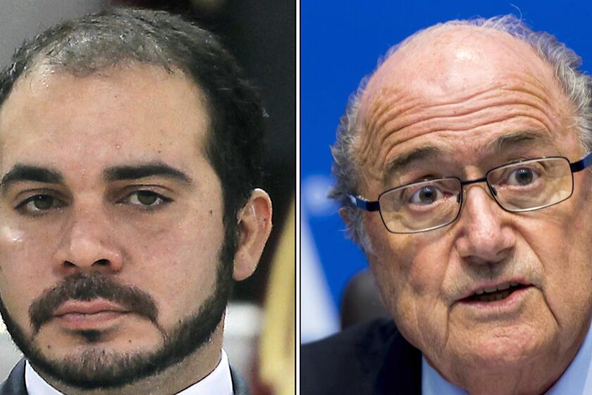 Jordan's Prince Ali bin al-Hussein, left, is challenging incumbent Sepp Blatter, right, in FIFA's presidency election, which is scheduled for Friday.