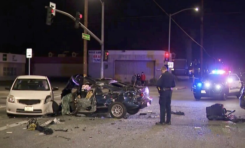 Six people were injured when a police pursuit ended in a five-car crash Monday evening in Glendora.