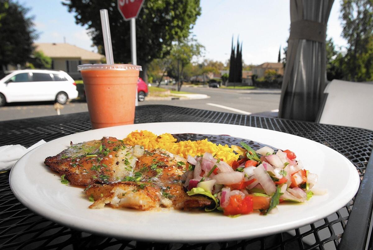 Tilapio al Ajillo, a seafood plate of tilapia with a lemon sauce, garlic and wine sauce served with rice and beans, and a mamey milkshake at La Bamba Island Cuisine.