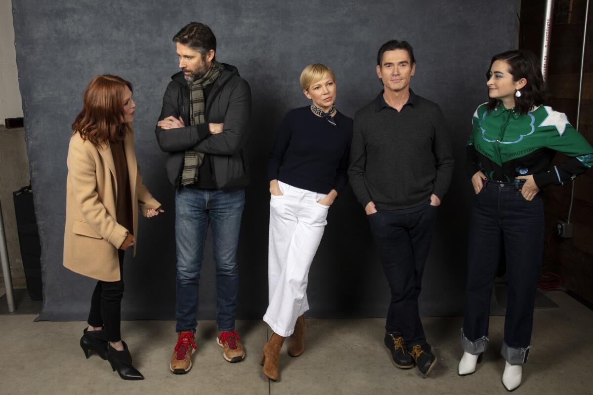 Julianne Moore, from left, with director Bart Freundlich and castmates Michelle Williams, Billy Crudup and Abby Quinn from the film "After the Wedding," photographed at the 2019 Sundance Film Festival