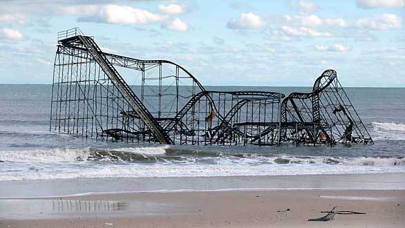 The Casino Pier roller coaster in Seaside Heights, N.J., sits in the ocean after the pier was destroyed by Hurricane Sandy.