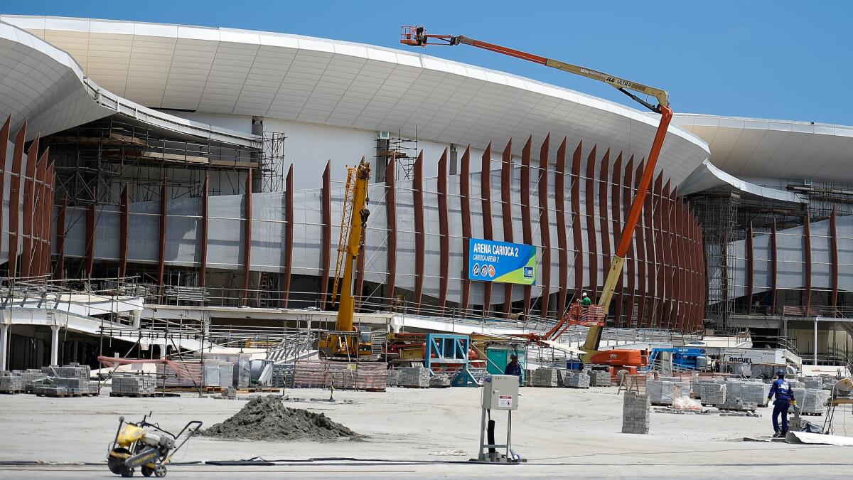 Construction continues on Carioca Arena near the Olympic Village in Rio de Janeiro.