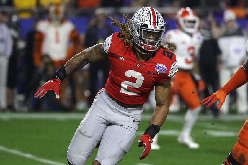 Ohio State defensive end Chase Young (2) during the first half of the Fiesta Bowl NCAA college football game against Clemson, Saturday, Dec. 28, 2019, in Glendale, Ariz. (AP Photo/Rick Scuteri).