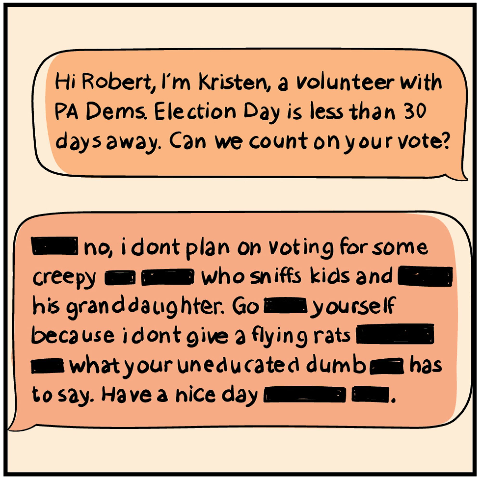 Comic panel of a disheartening text exchange with a potential voter