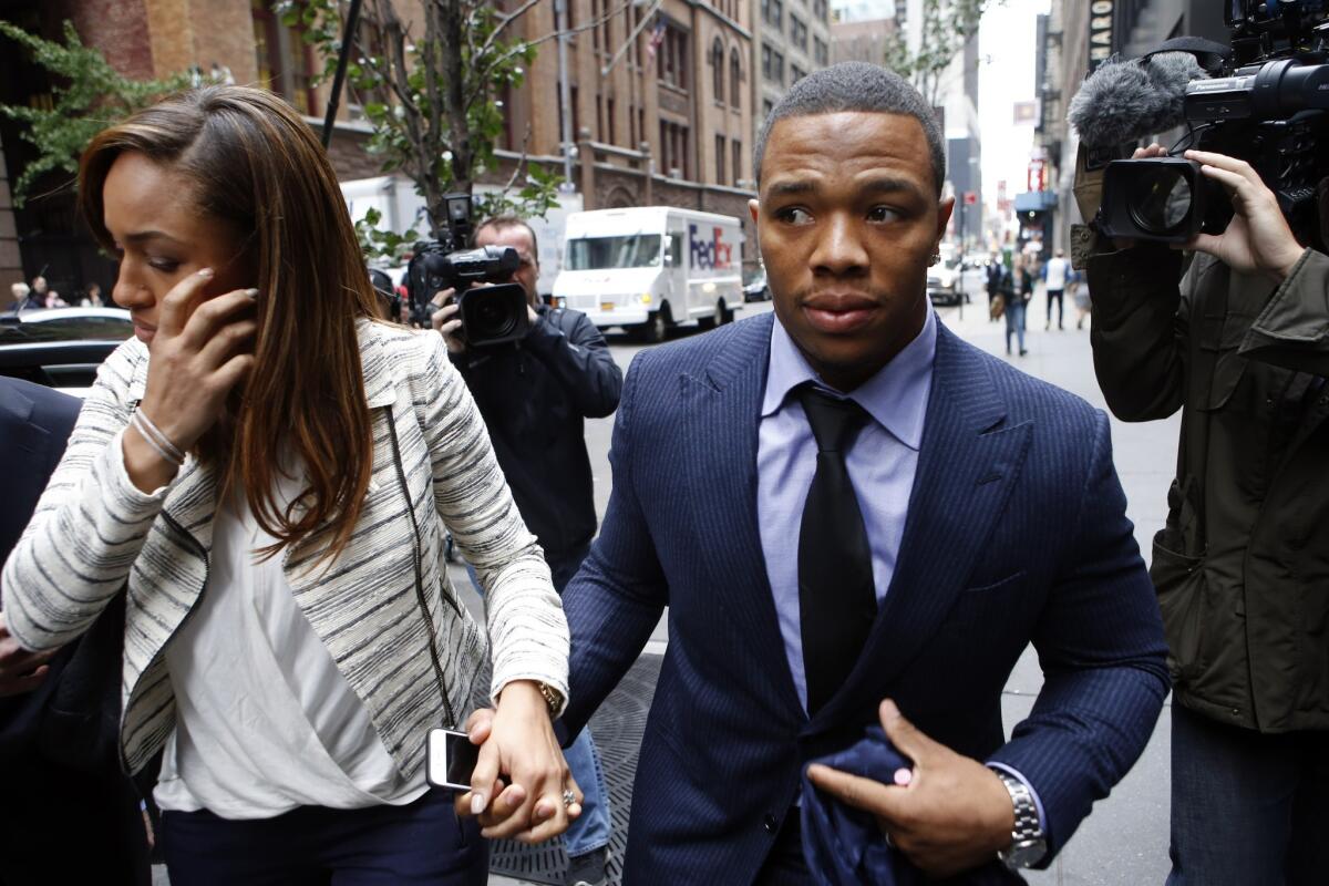 Ray Rice and his wife, Janay, arrive Wednesday at an appeal hearing of his indefinite suspension from the NFL. Both are expected to testify Thursday.