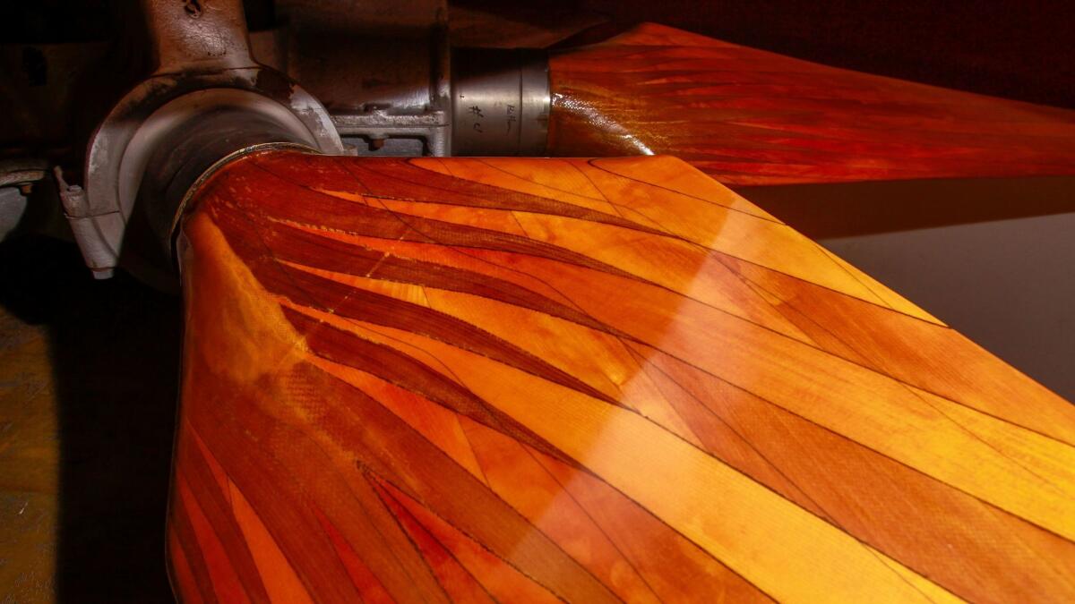 The large wooden blades of the San Diego low-speed wind tunnel fan.