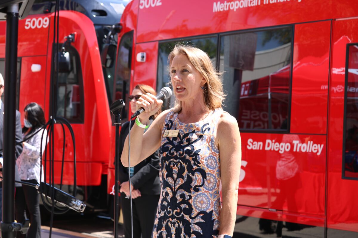 Encinitas Mayor Catherine Blakespear and SANDAG chair before the first ride on the mid-coast trolley.