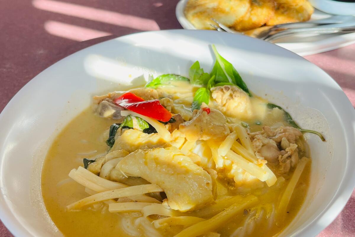 Thai spaghetti with green curry and leek cakes at Siam Sunset in Hollywood.